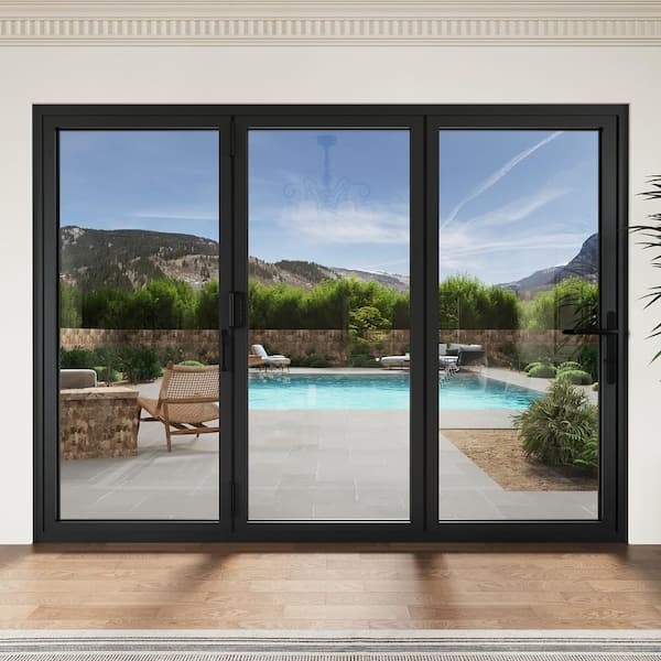 108 in. x 80 in. Right Swing/OutSwing Tempered Glass Black Aluminum Folding Patio Door with Door Stopper (3-Folding)