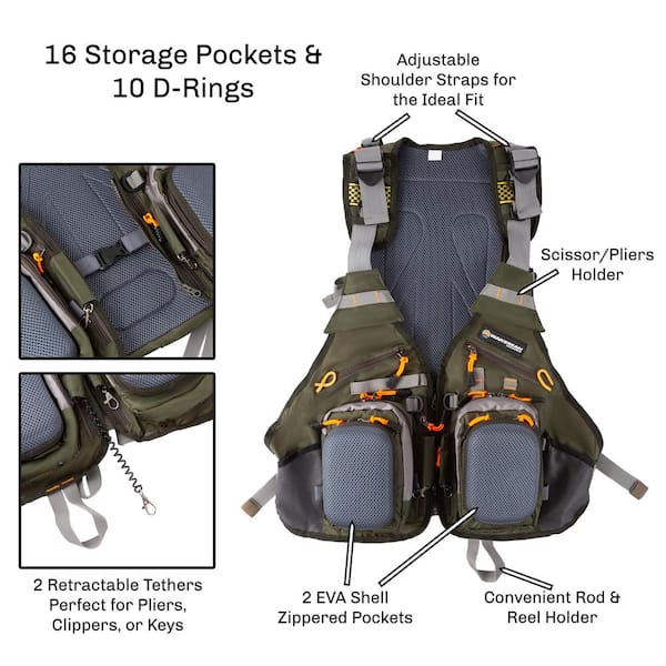 16 Pocket Fishing Vest ? Lightweight Adjustable Nylon and Eva Fo