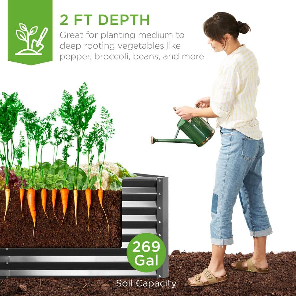Gray Powder-Coated Steel Raised Garden Bed Planter Box, 6x3x2ft