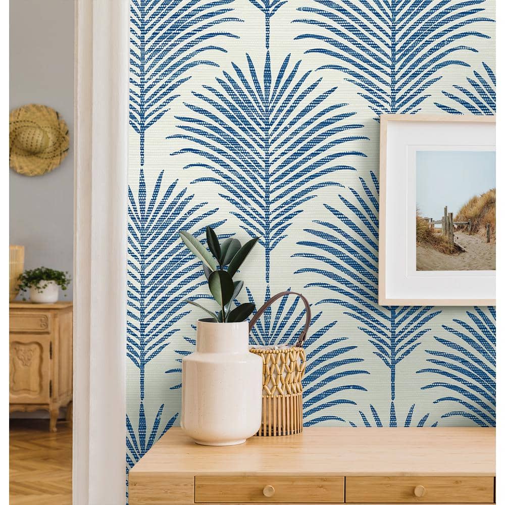 Coastal Blue Palm Frond Vinyl Peel and Stick Wallpaper Roll