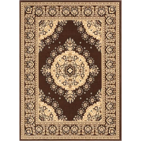Well Woven Persa Malika Traditional Medallion Persian Floral Brown 5 ft. 3 in. x 7 ft. 3 in. Area Rug