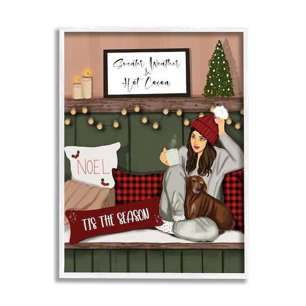 Stupell Industries Cozy Girl with Christmas Phrases by Saba Rauf 1 Piece Framed Graphic Print People Poster Art Print 14 in. x 11 in.