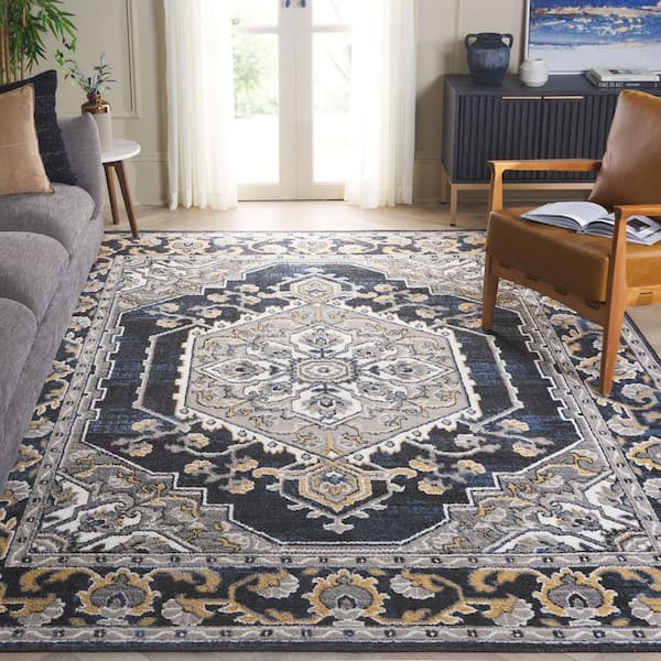 Pyramid 7 ft. x 7 ft. Gray/Navy Gold Ornate Medallion Border Square Area Rug
