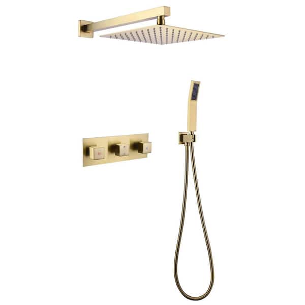 AIMADI Triple Handle 1-Spray Wall Mount Shower Faucet 1.8 GPM with Ceramic Disc Valves 10 in. Shower Faucet Set in Brushed Gold