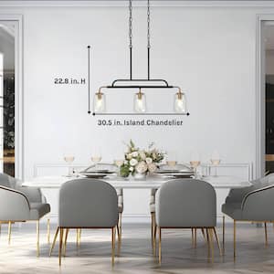 Modern 3-Light Matte Black and Plating Brass Linear Island Chandelier for Kitchen with Textured Glass Mason Jar Shades