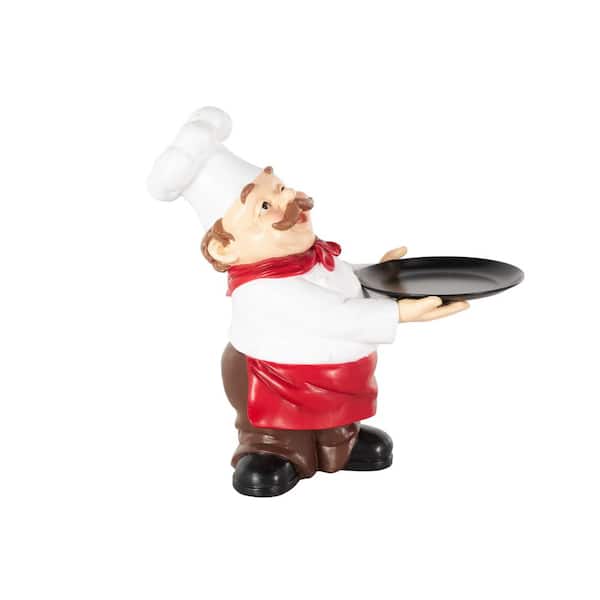 Litton Lane 12 in. x 12 in. White Polystone Kitchen Decorative Figurine Chef Sculpture with Black Tray