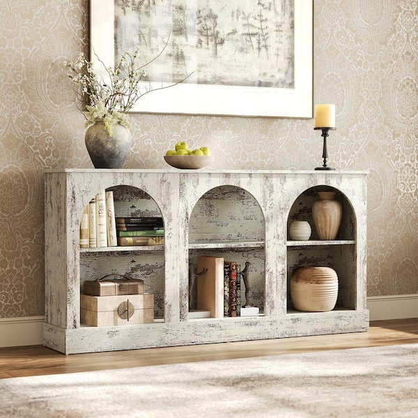 BYBLIGHT 63 in. Distressed White Rectangle MDF Console Table with Storage, Farmhouse Entryway Table, Long Sofa Table Behind Couch