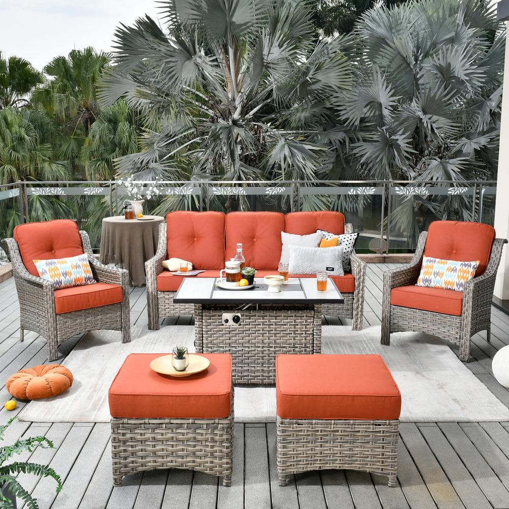 Verona Grey 6-Piece Wicker Outdoor Patio Conversation Sofa Seating Set with a Rectangle Fire Pit and Red Cushions price history on PriceWatchPro