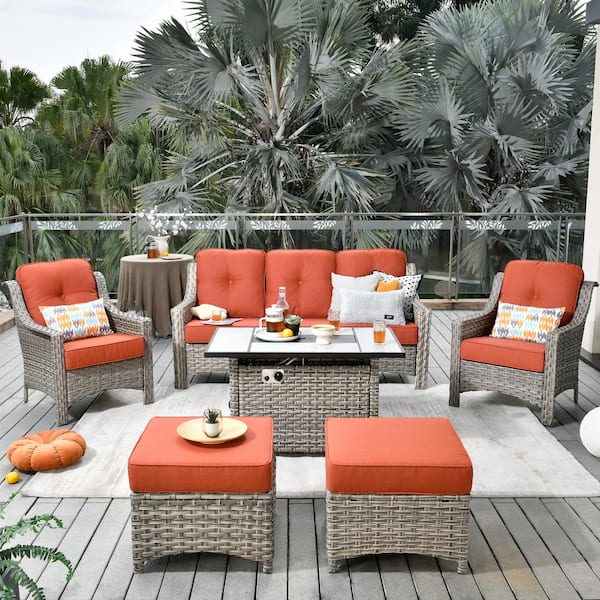 HOOOWOOO Verona Grey 6-Piece Wicker Outdoor Patio Conversation Sofa Seating Set with a Rectangle Fire Pit and Red Cushions