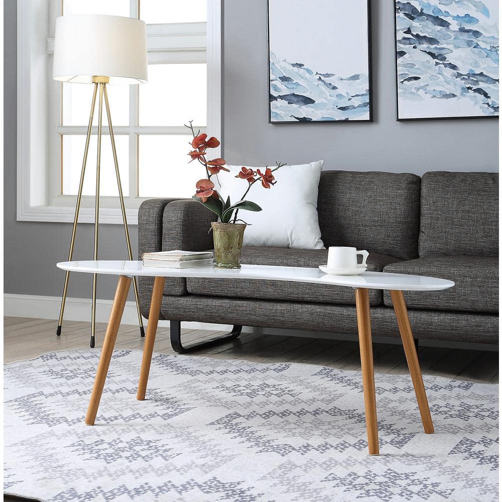 Mid-Century Modern Oslo Bean Shaped Coffee Table with Storage, White/Natural