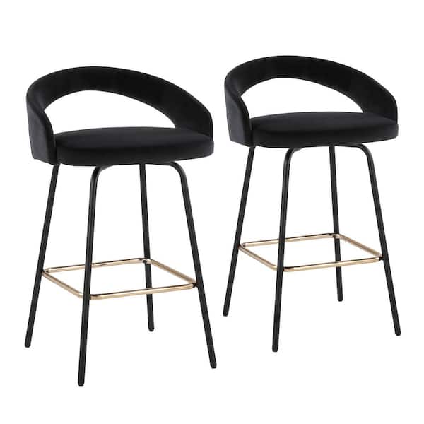 Grotto Upholstered 32.75 in. Black Velvet and Black Metal Fixed-Height Counter Stool Square Gold Footrest (Set of 2)