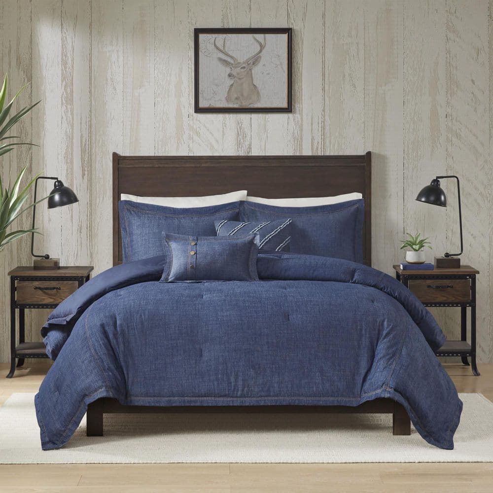 Full Blue Cotton Bedspread Set with Button Detail