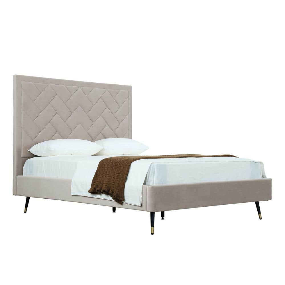 Queen Cream Velvet Upholstered Bed with Chevron Headboard