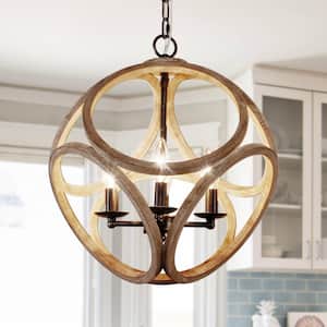 Chester Rustic 4-Light Weathered Wood Candle Wood Chandelier, Shabby Chic Wood Pendant Ceiling Light Adjustable Chain