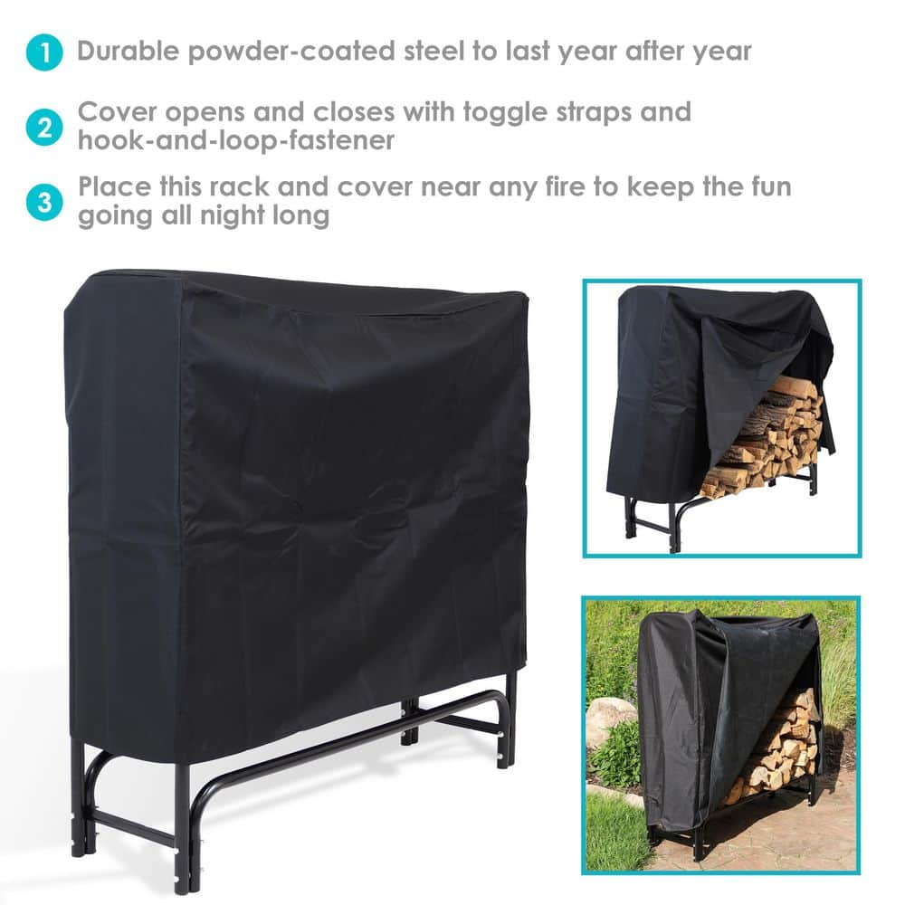 4-Foot Black Steel Firewood Log Rack with Weather-Resistant Cover
