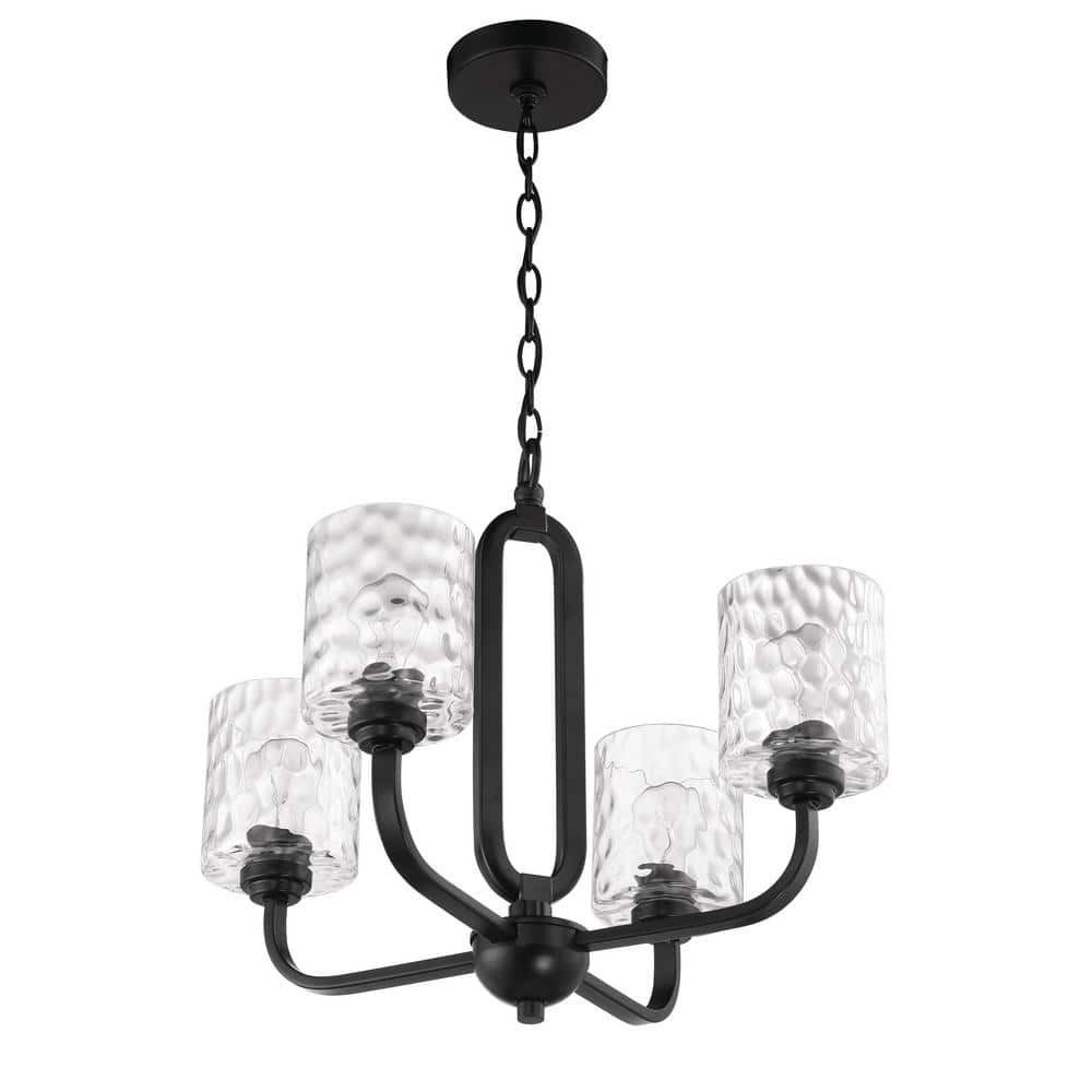 Flat Black 4-Light Chandelier with Clear Hammered Glass Shades