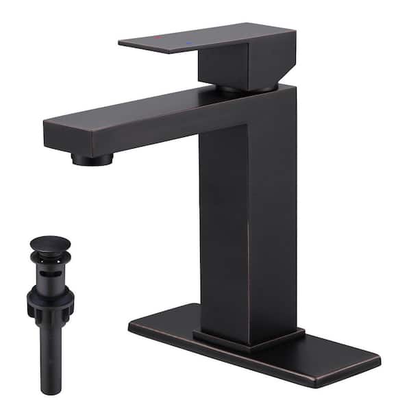 Single Handle Single Hole Bathroom Faucet with Deckplate and Pop Up Drain Included in Oil Rubbed Bronze