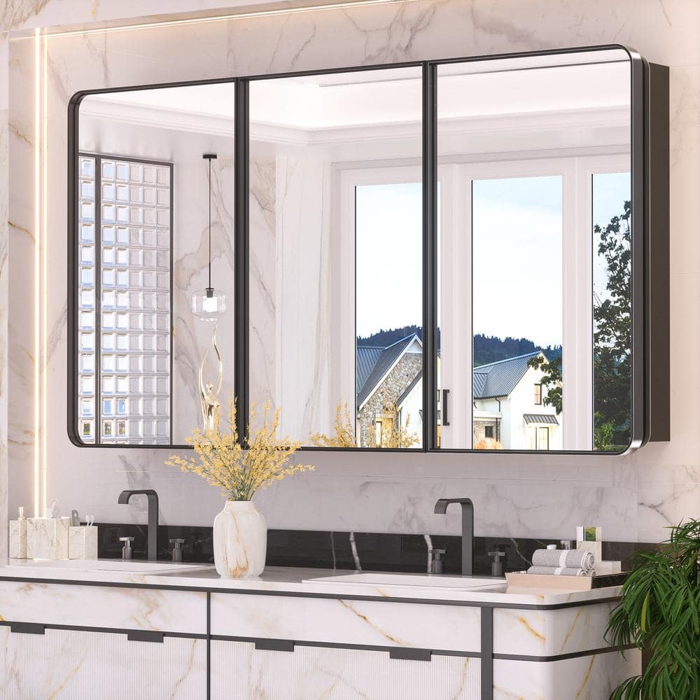 KeonJinn 60 in. W x 32 in. H Rectangular Black Stainless Steels Framed Recessed/Surface Mount Medicine Cabinet with Mirror hd-JGYJ15281BK