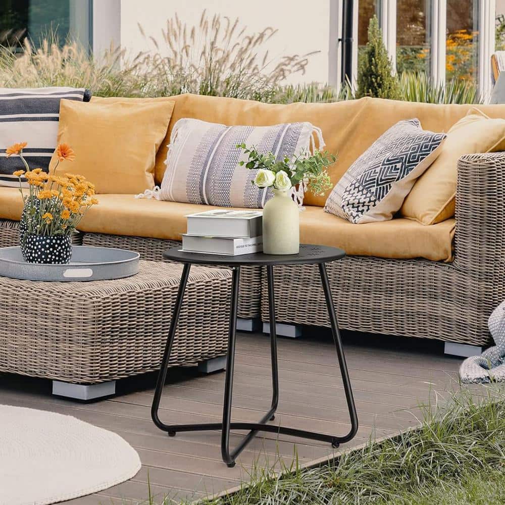 Metal Outdoor Side Tables with Flower Cut Outs, Small Round Outdoor End Tab