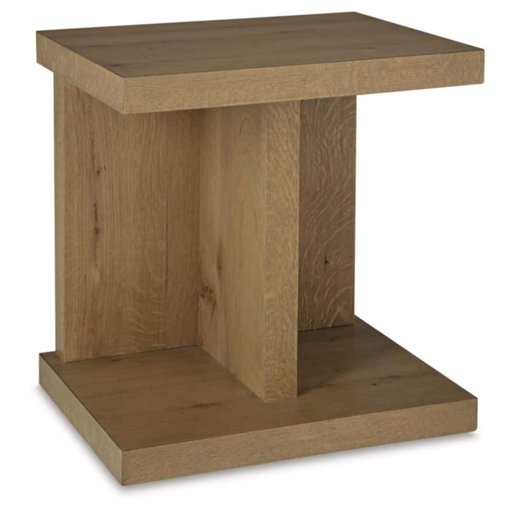 Light Brown Oak Veneer Rectangular End Table with USB Ports