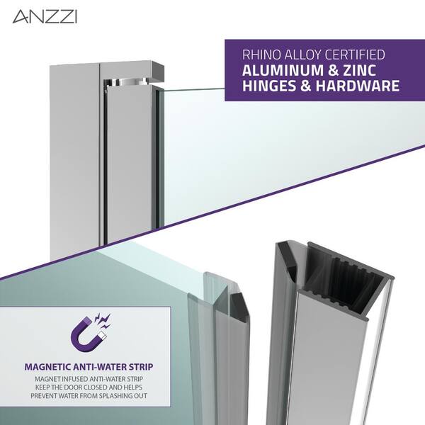 ANZZI - Lancer Series 23.4 in. x 72 in. H Hinged Frameless Shower Door in Brushed Nickel with Tsunami Guard Tempered Glass