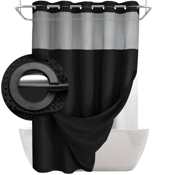 No Hook  75 in. L x 72 in. W Shower Curtain with Snap in Fabric Liner Set, Waffle Shower Curtain, Black