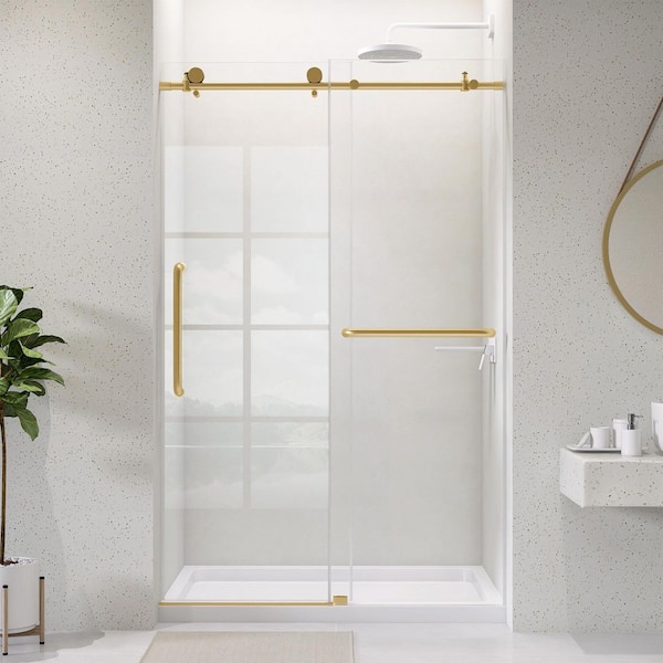 44-48 in. W x 75 in. H Single Sliding Shower Doors Frameless Bypass Shower Door in Brushed Gold 1/4 in. Clear Glass