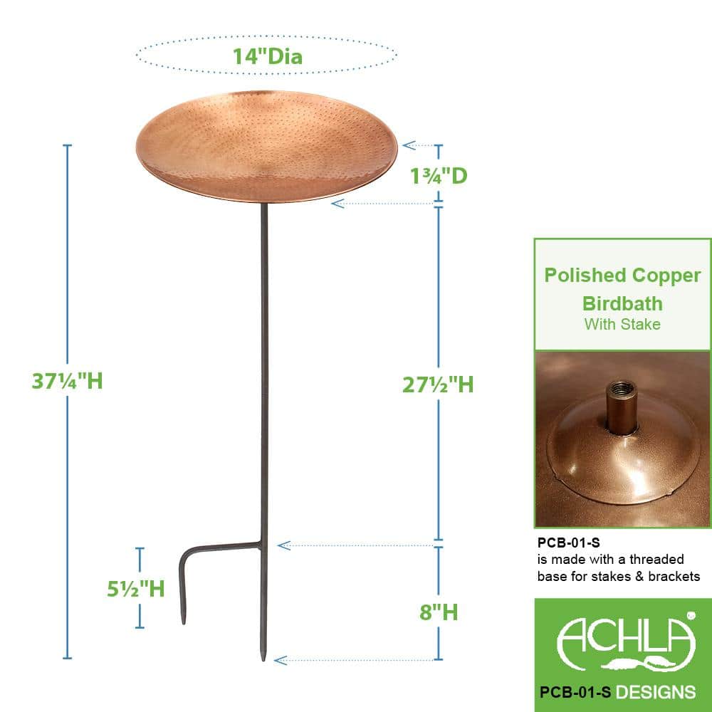 16" Polished Copper and Stainless Steel Birdbath with Stake