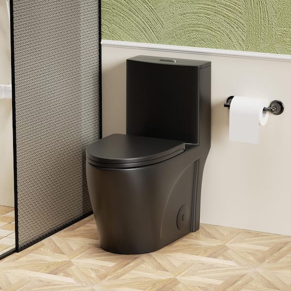 1-Piece 1.1/1.6 GPF Dual Flush Elongated Bowl Toilet in Matte Black Soft Close Seat Included