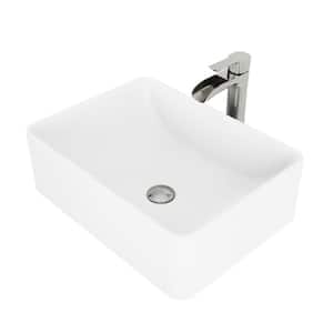 Matte Stone Amaryllis Composite Rectangular Vessel Bathroom Sink in White with Faucet and Pop-Up Drain in Brushed Nickel