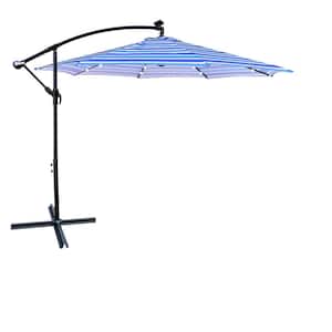 10 ft. Outdoor Patio Beach Market Solar Powered LED Lighted Umbrella in Blue and White Stripes with Cross Base