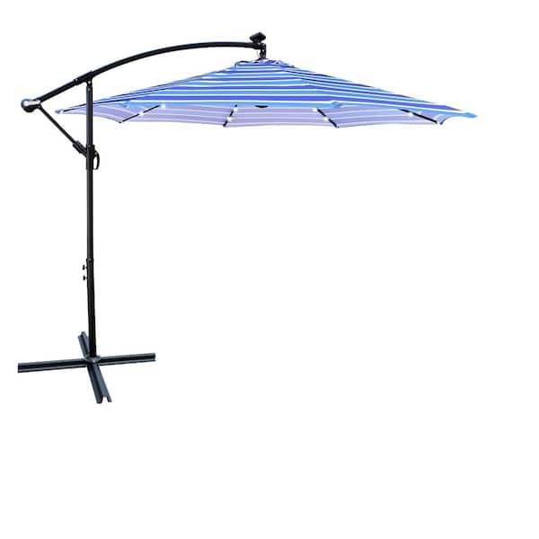 Runesay 10 ft. Outdoor Patio Beach Market Solar Powered LED Lighted Umbrella in Blue and White Stripes with Cross Base
