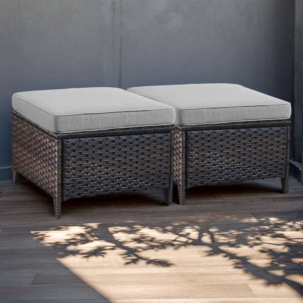 Brown Wicker Outdoor Ottoman with Gray Cushions (2-Pack)