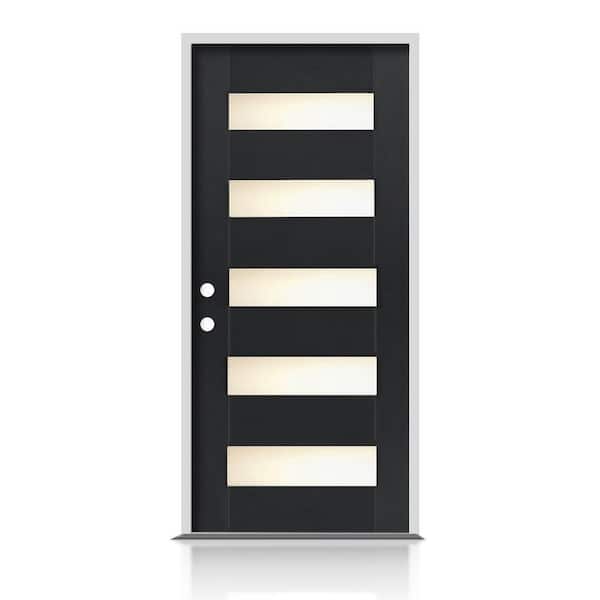 36 in. x 80 in. Right-Handed Decorative Glass Black Modern Prehung Exterior Fiberglass Front Door Slab Door