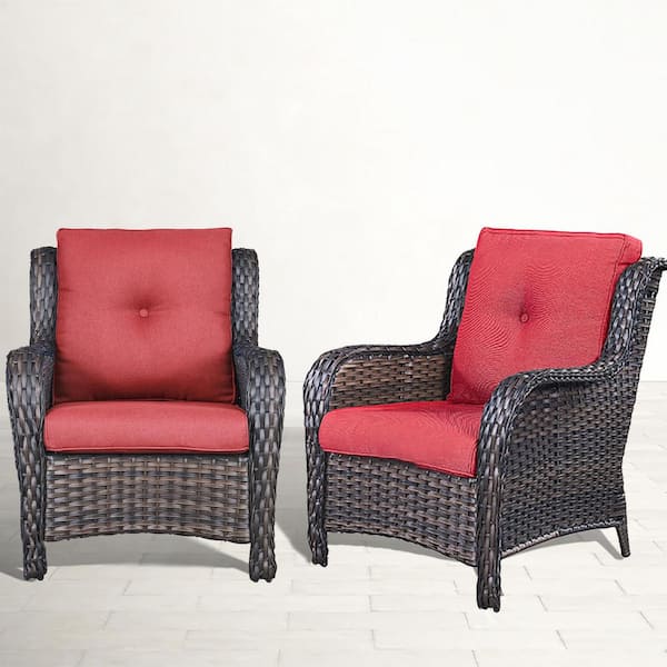 Opohoro ArcoBay Metal and Brown Wicker Outdoor Lounge Chair with Olefin Red Cushions (2-Pack)