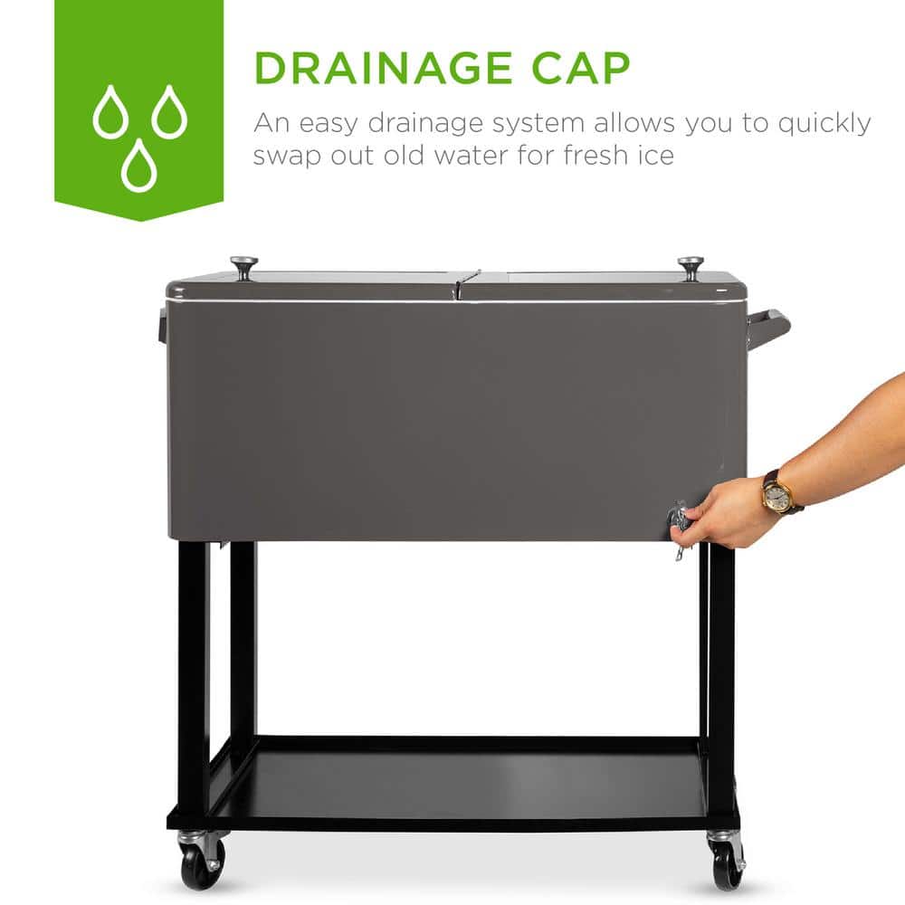 Gray 80-Quart Steel Rolling Cooler Cart with Wheels and Bottle Opener