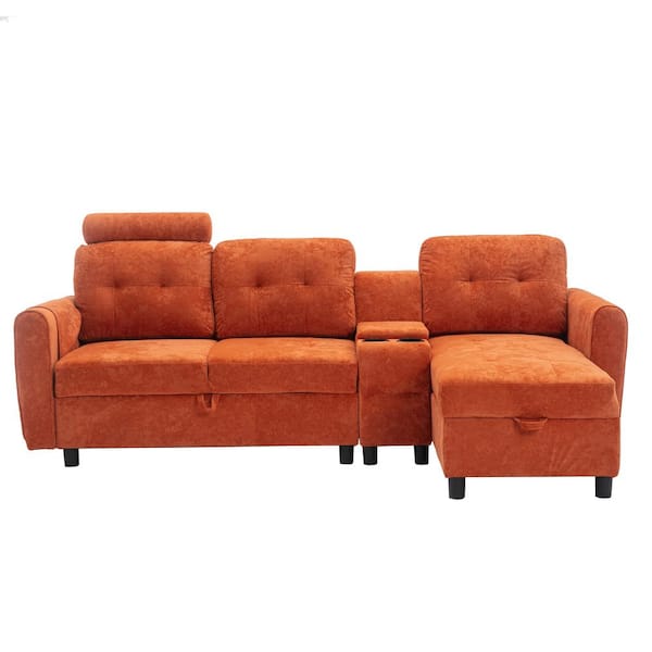 HOMEFUN 89 in. Square Arm 3-Piece Velvet L-Shaped Sectional Sofa in Orange with Chaise