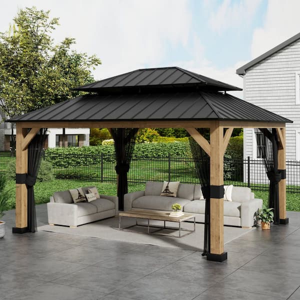 13 ft. x 11 ft. Double Galvanized Steel Roof Cedar Wood Frame Outdoor Patio Hardtop Gazebo with Mosquito Netting