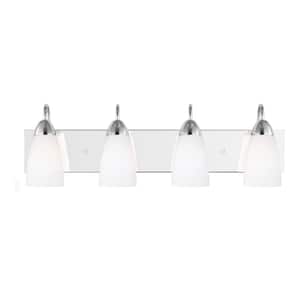 Seville 28 in. 4-Light Chrome Transitional Modern Wall Bathroom Vanity Light with White Etched Glass Shades