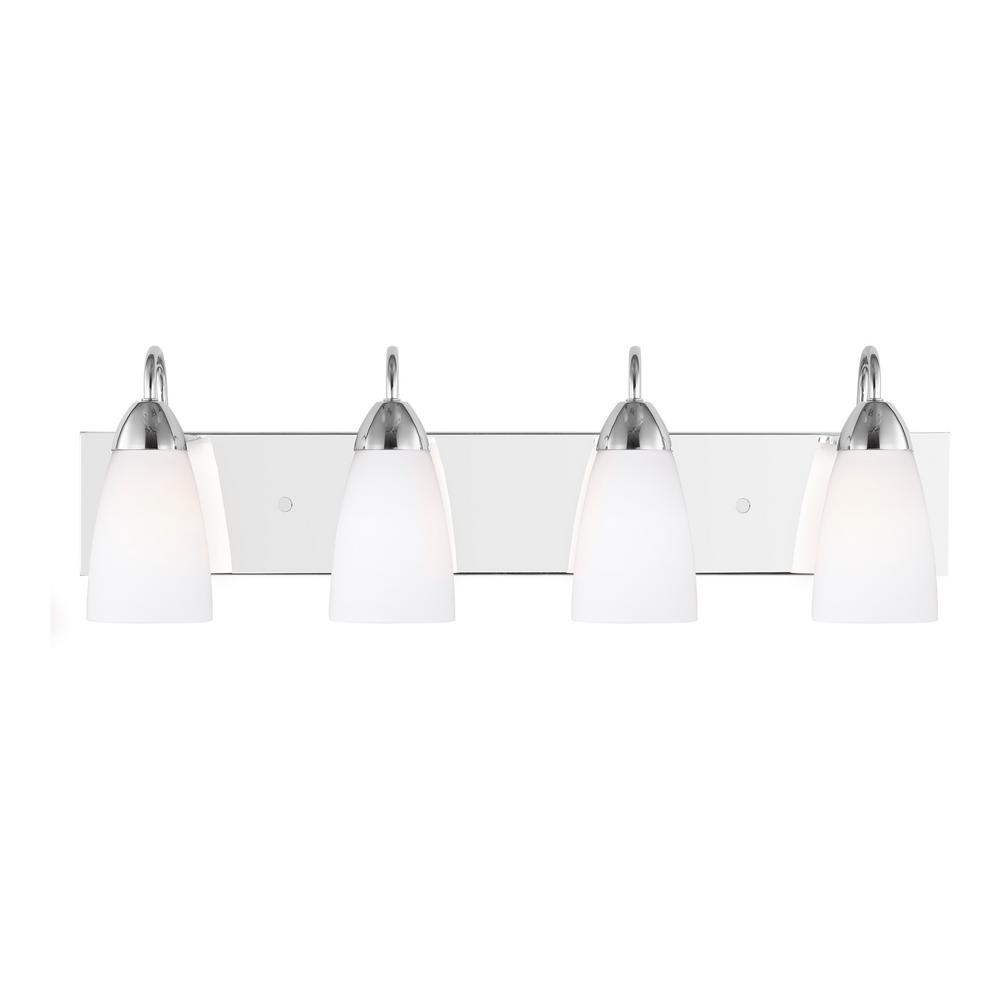 Seville 28 in. 4-Light Chrome Transitional Modern Wall Bathroom Vanity Light with White Glass Shades and LED Bulbs