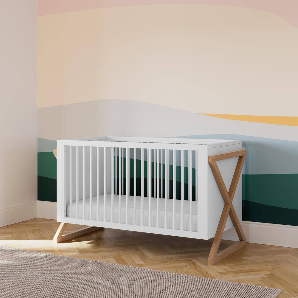 White and Driftwood 3-in-1 Convertible Baby Crib with Adjustable Mattress Support