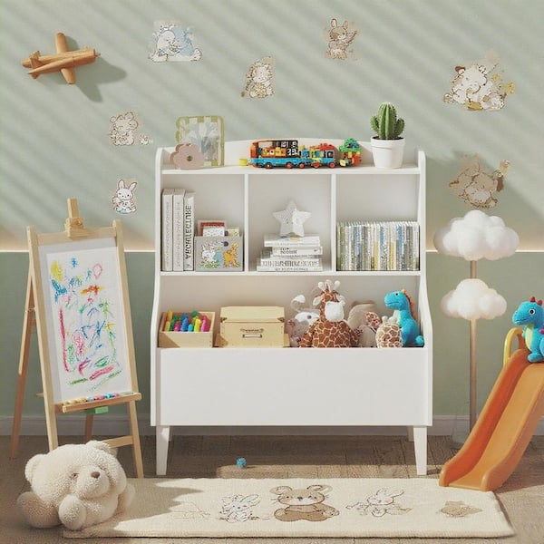 White 31.5 in. W 3-Tier Kids Bookshelf and Toy Storage Baby Book and Toy Storage Display Organizer for Children