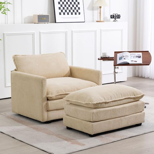 Modern Khaki Corduroy Accent Armchair with Ottoman for Living