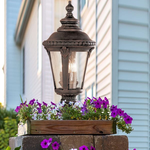 Commons 3-Light Rust Outdoor Lamp Post Light Fixture with Seeded Glass