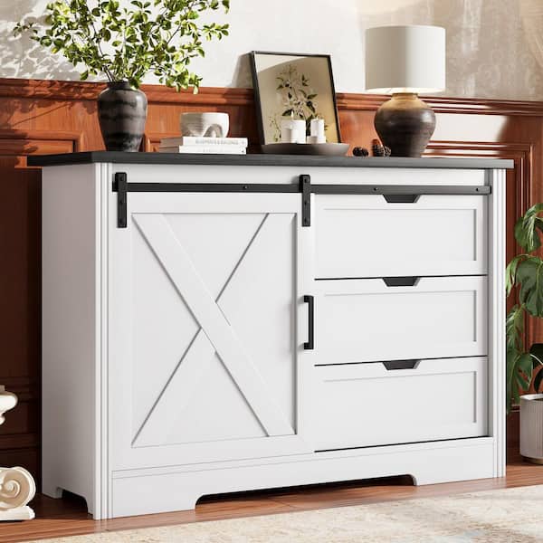 32.5 in. H White MDF Storage Cabinet with 3 Drawers and Sliding Barn Doors Suitable for Living Room, Bedroom