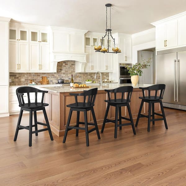 Wendell 37.4 in. Black Solid Wood Barstool Swivel Bar Stool Counter Height Chair with Thicked Spindle Back Set of 4