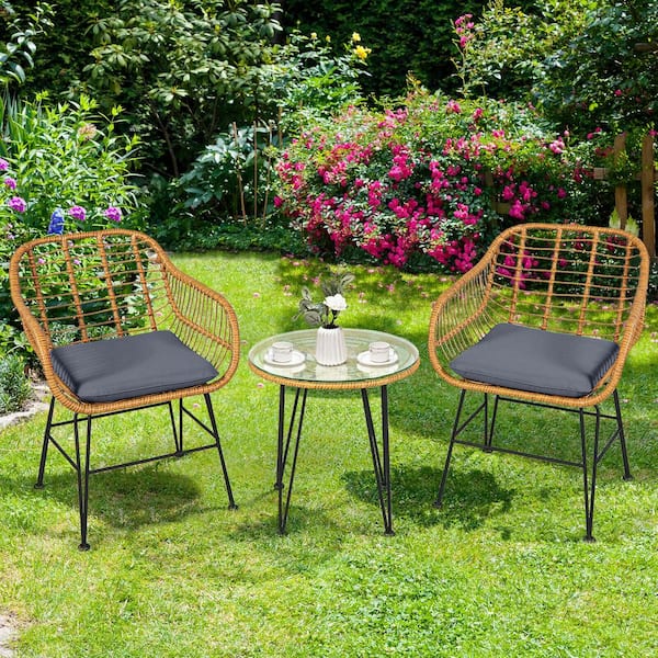 FORCLOVER 3-Piece Wicker Patio Conversation Set with Gray Cushions