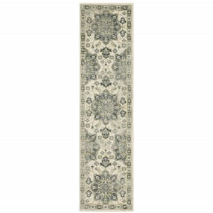 Ivory Blue Teal Grey and Olive Green 2 ft. x 8 ft. Oriental Power Loom Stain Resistant Runner Rug