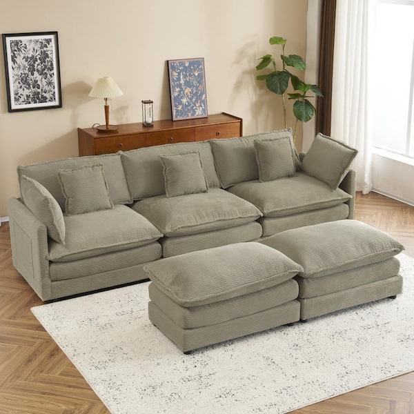Harper & Bright Designs 112.6 in Corduroy Modular Sectional Sofa in. Brown with Pillows, Side Pockets, 2-Layer Seat Cushions, 2 Ottomans