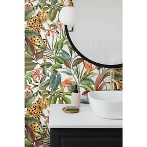 40.5 sq. ft. Gloss White Tropical Leopard Vinyl Peel and Stick Wallpaper Roll